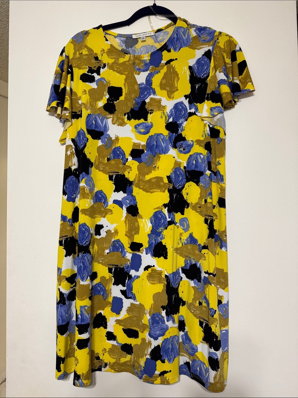 Yellow Abstract Short Sleeve Mini Dress with Blue Accents